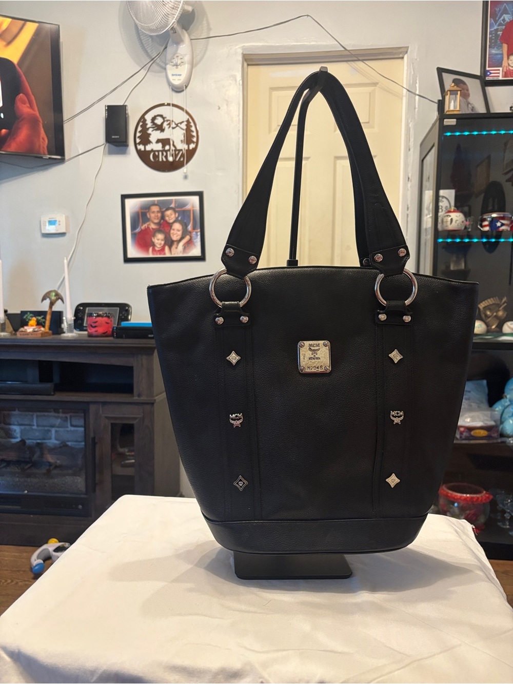 MCM Black Pebbled Leather Tote with Logo Plaque
